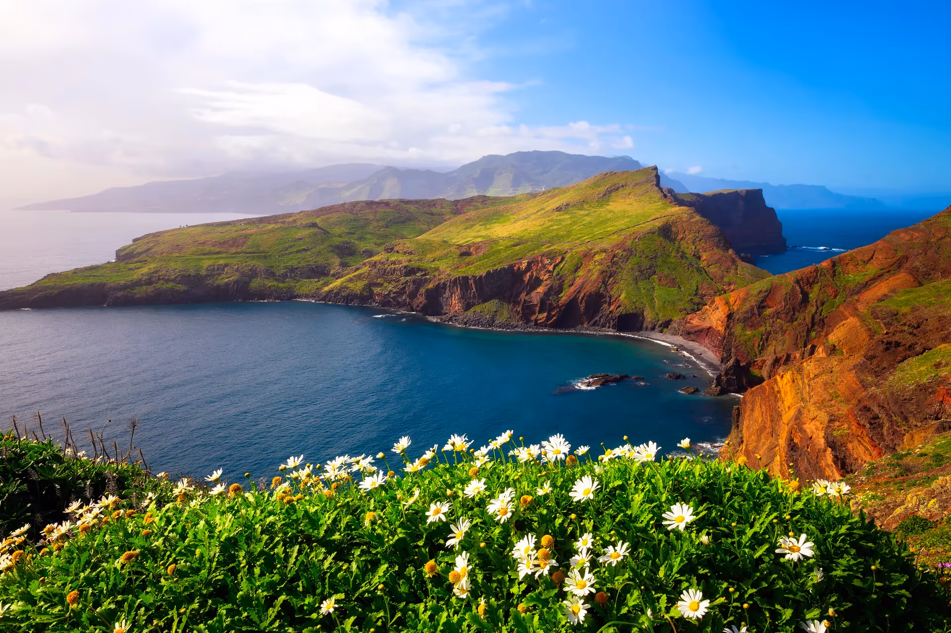 Green valley and ridgeline in eastern Madeira under soft morning light