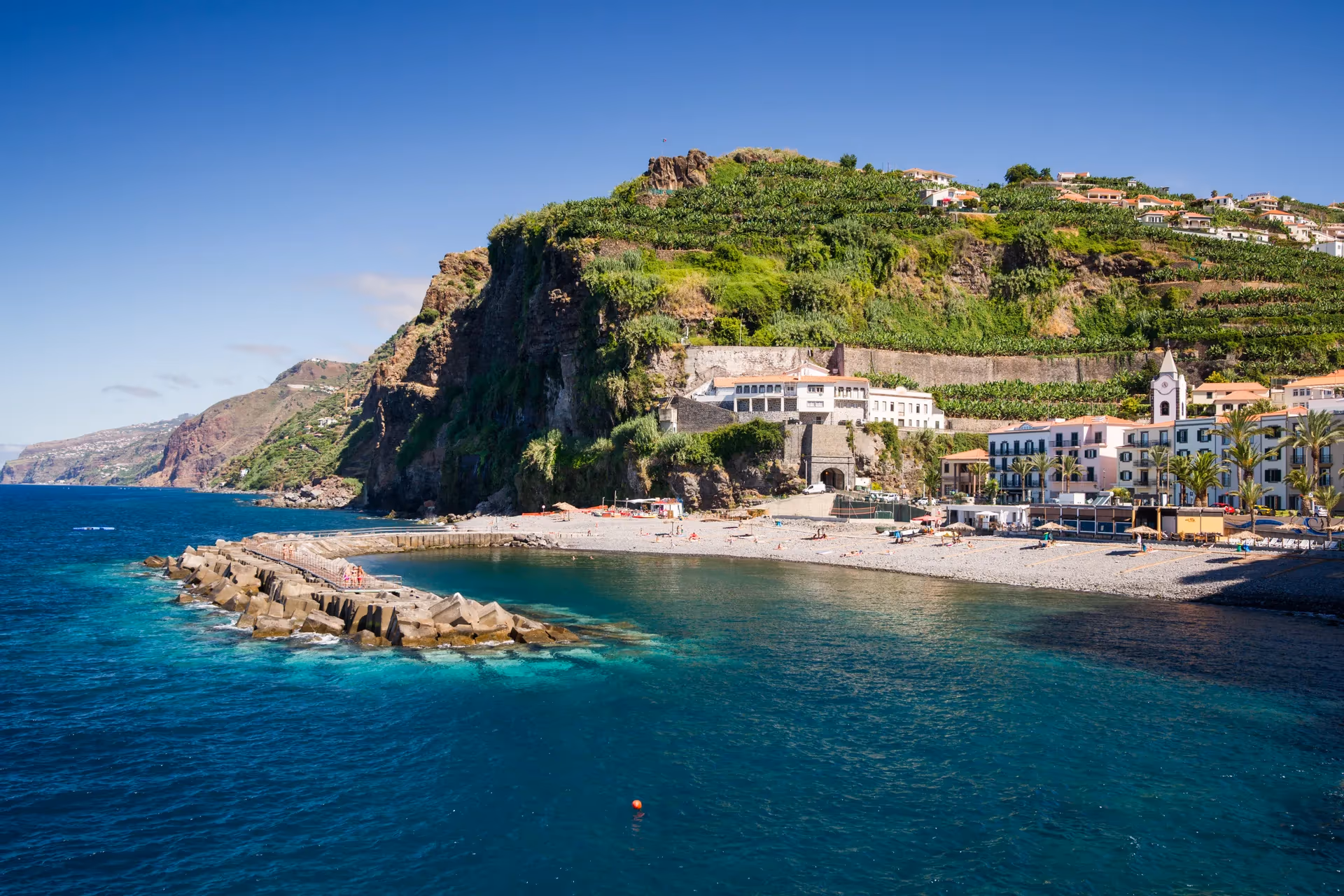 Evening sun over the terraced west coast of Madeira near Calheta