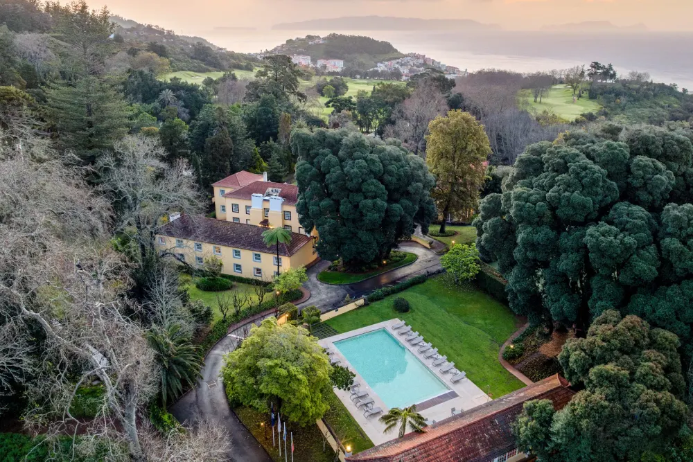 Country-house facade and gardens of Casa Velha do Palheiro beside the Palheiro golf course, Madeira